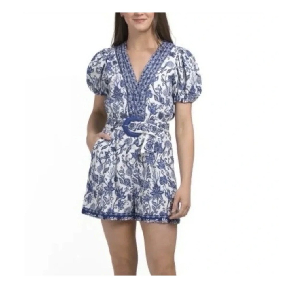 New Caroline Constas Romper Women Size 10 Linen Blend Short Sleeve Belted Resort